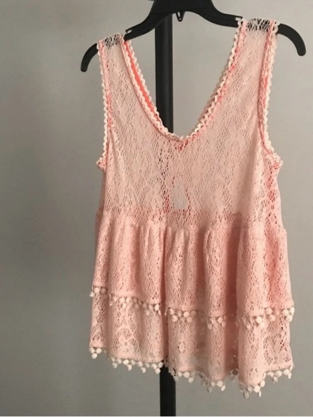 Free People Lace Babydoll Tank Pom Pom Trim Boho Festival Top Pastel Peach